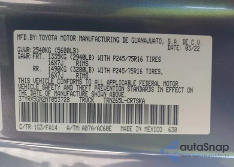 2022 Toyota Tacoma Sr из США, поврежденный, VIN 3TYRX5GN2NT053728